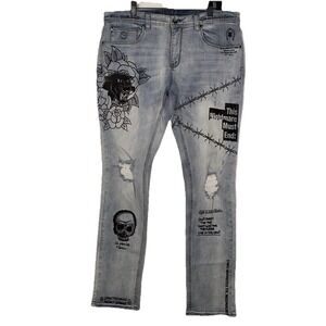 Ninth Hall Rogue Men's Skinny Jeans Graphic Print Lt Wash Sz 38x34 Gothic grunge